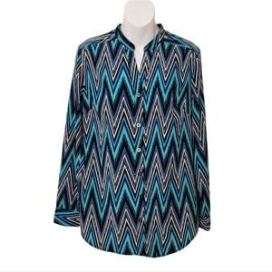 STYLE & CO Blue Chevron Print Roll-tab Sleeve Shirt Top Size S